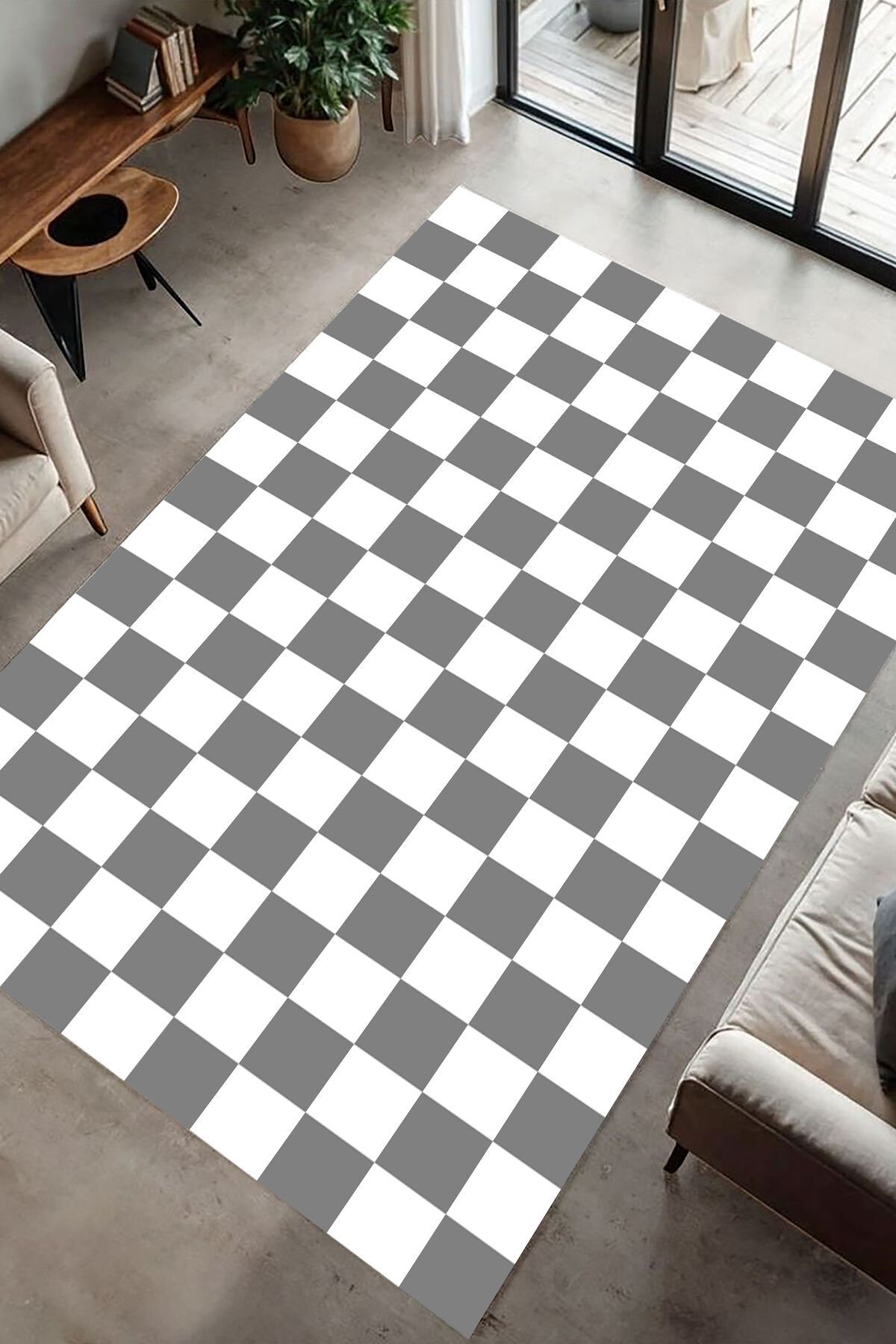 Retro Tarz Dama Motifli Dijital Baskı Halı