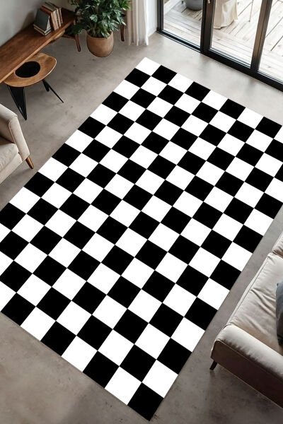 Retro Tarz Dama Motifli Dijital Baskı Halı