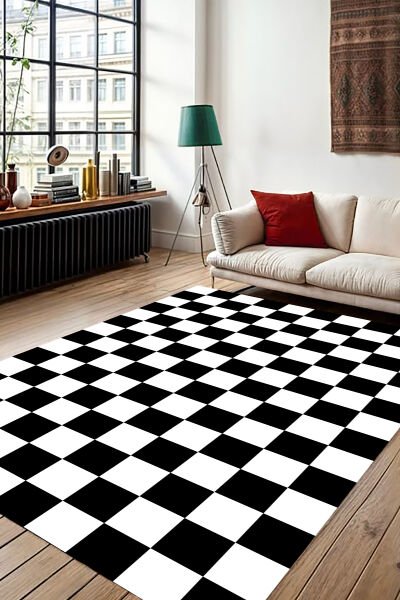 Retro Tarz Dama Motifli Dijital Baskı Halı