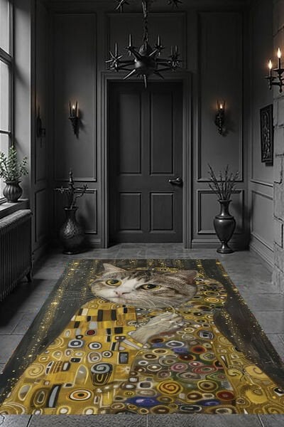 Sanatsal Kedi Desenli Modern Dijital Baskı Halı