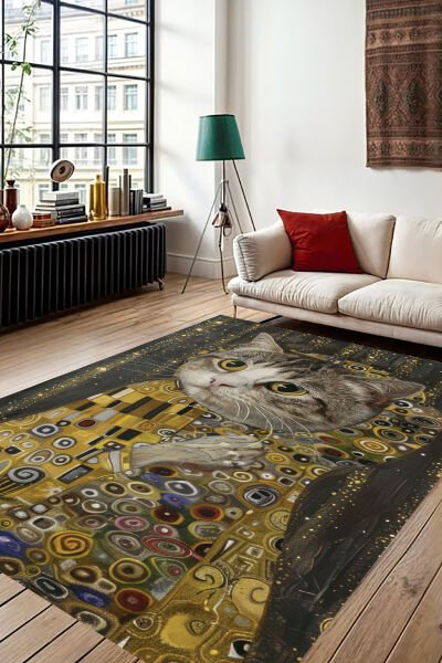 Sanatsal Kedi Desenli Modern Dijital Baskı Halı