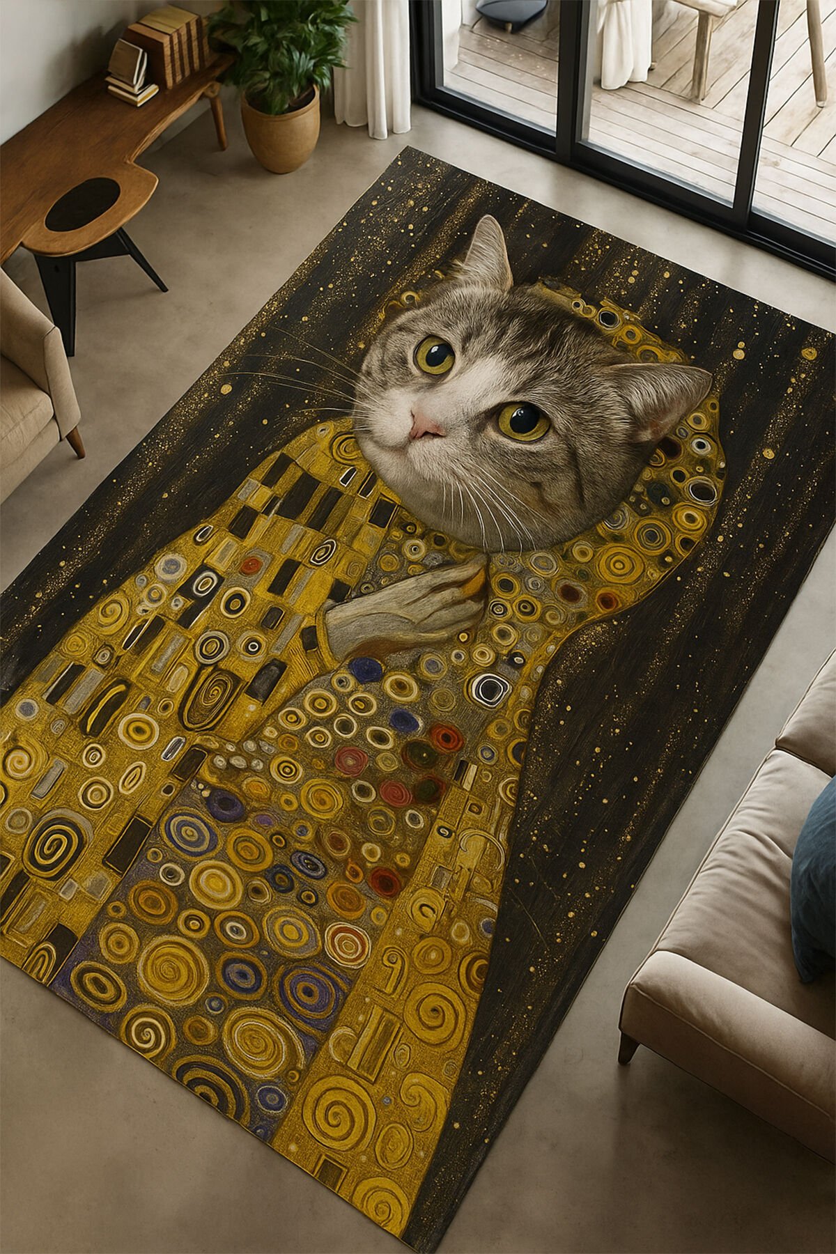 Sanatsal Kedi Desenli Modern Dijital Baskı Halı