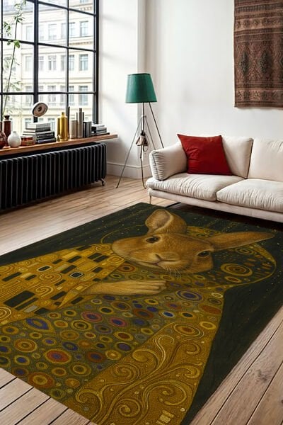Sanatsal Tavşan Desenli Modern Dijital Baskı Halı