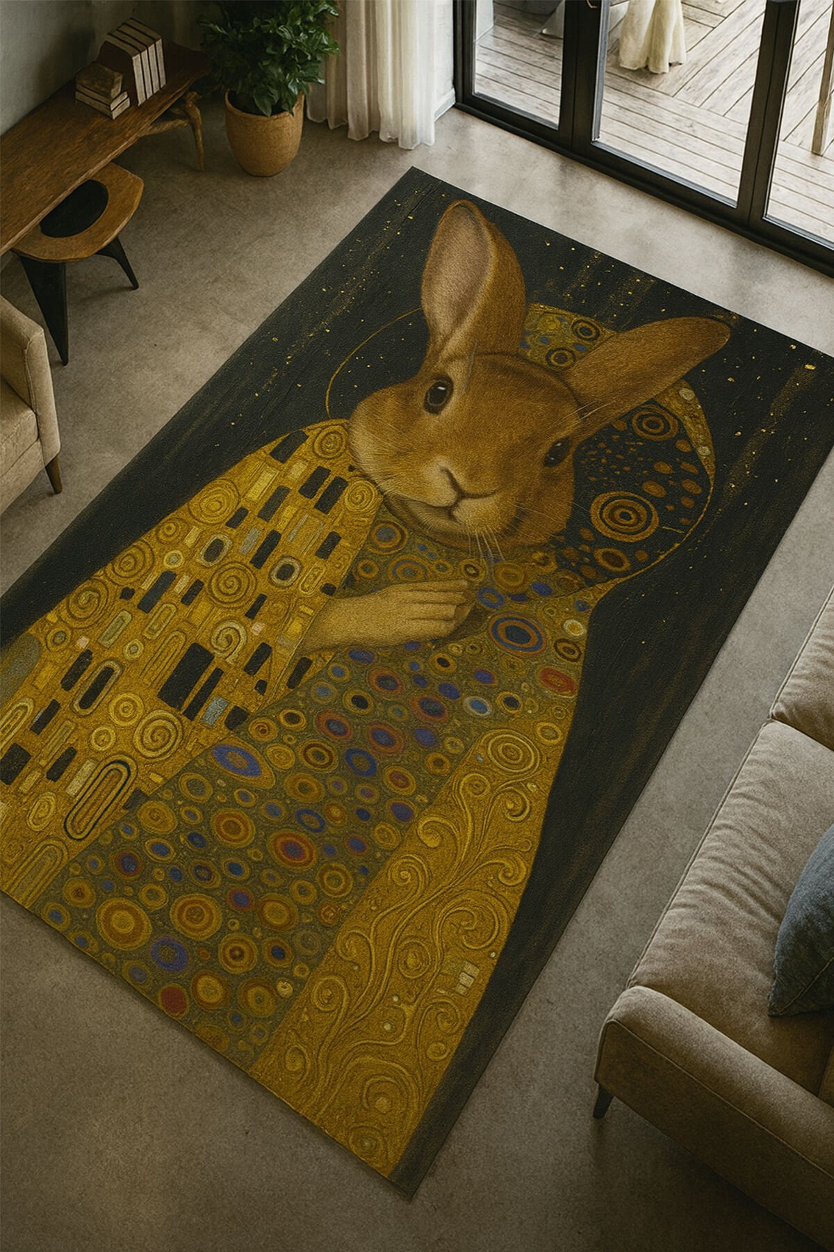 Sanatsal Tavşan Desenli Modern Dijital Baskı Halı
