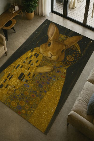 Sanatsal Tavşan Desenli Modern Dijital Baskı Halı