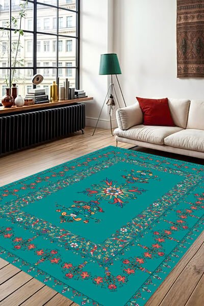 Vintage Çiçek Nakışlı Şık Dijital Baskı Halı