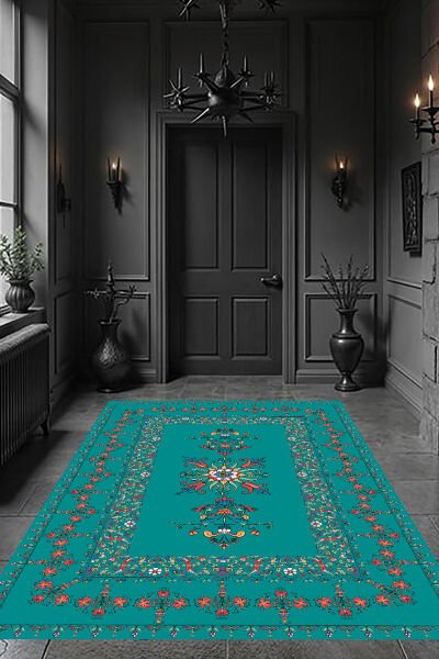 Vintage Çiçek Nakışlı Şık Dijital Baskı Halı