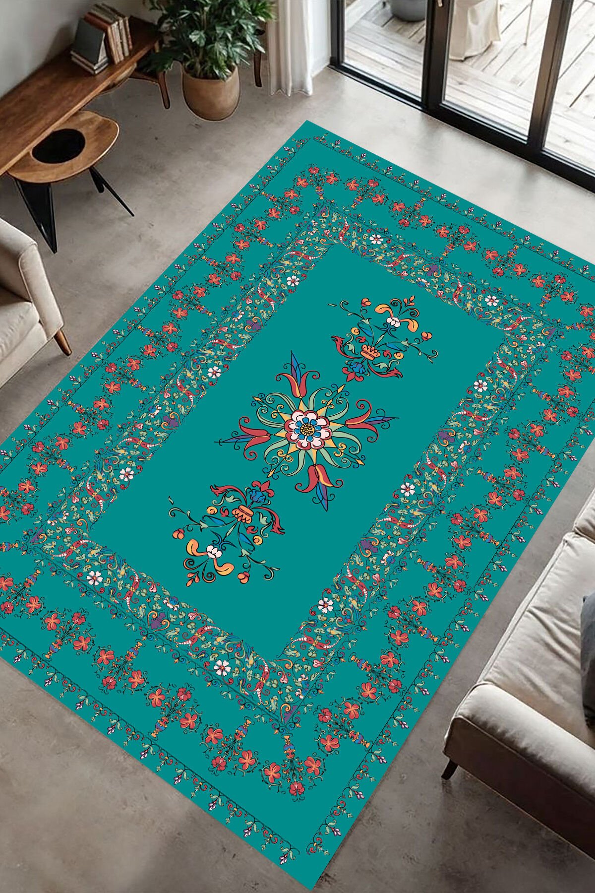 Vintage Çiçek Nakışlı Şık Dijital Baskı Halı