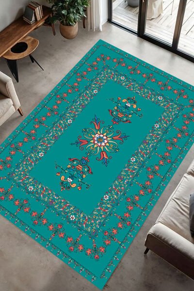 Vintage Çiçek Nakışlı Şık Dijital Baskı Halı