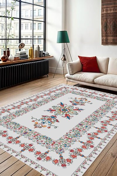 Vintage Çiçek Nakışlı Şık Dijital Baskı Halı