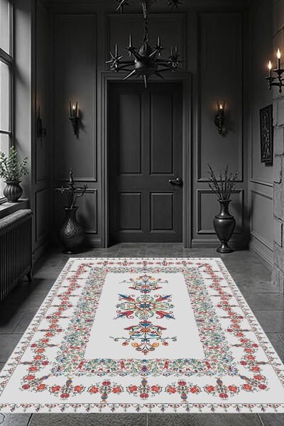 Vintage Çiçek Nakışlı Şık Dijital Baskı Halı