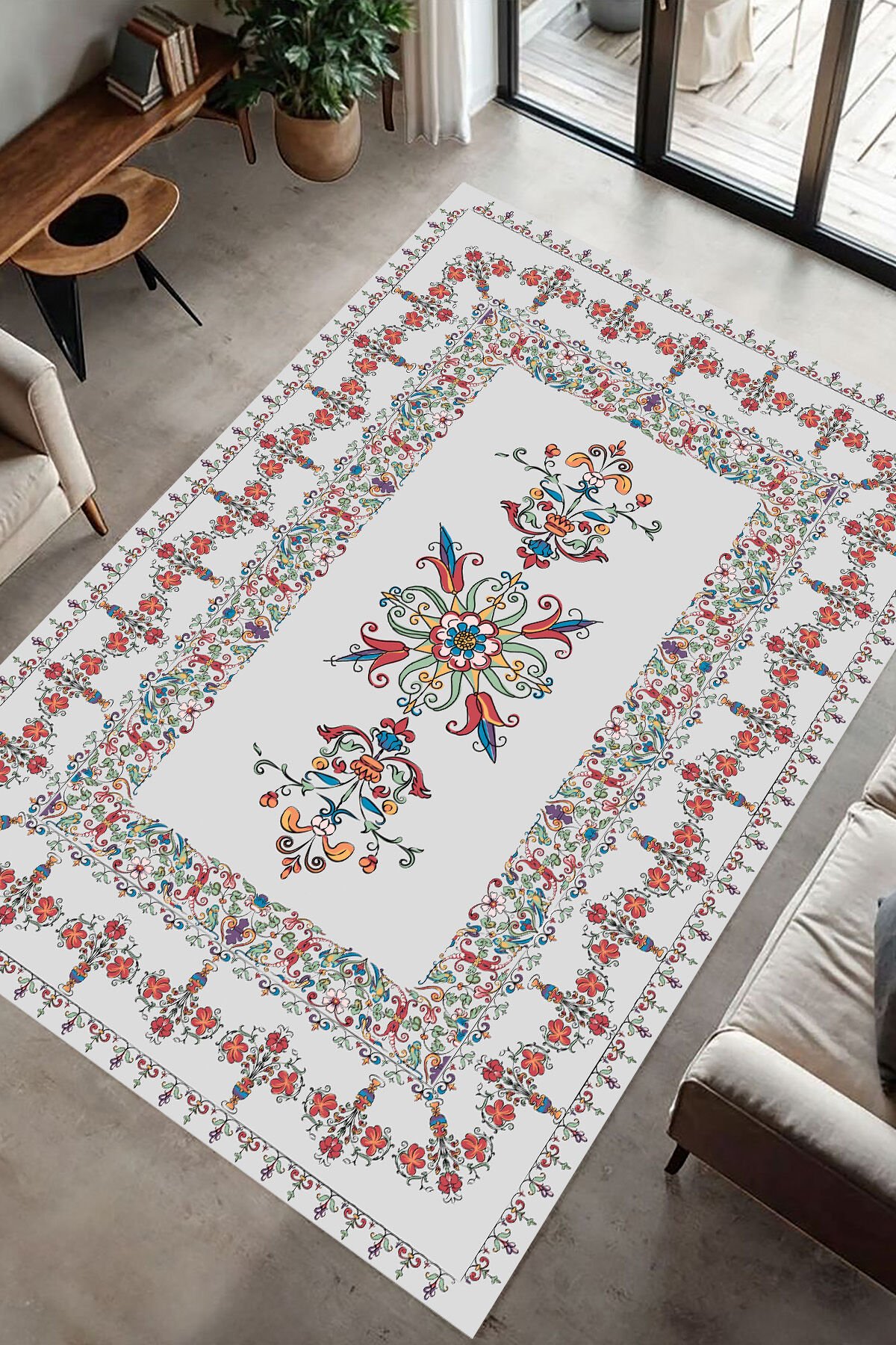 Vintage Çiçek Nakışlı Şık Dijital Baskı Halı