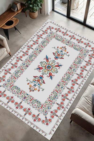 Vintage Çiçek Nakışlı Şık Dijital Baskı Halı