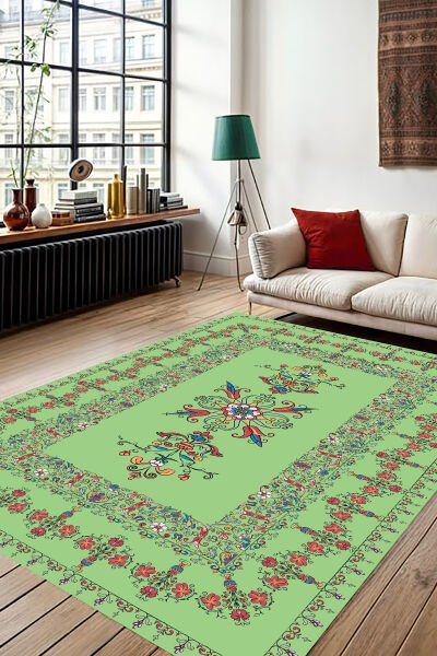 Vintage Çiçek Nakışlı Şık Dijital Baskı Halı