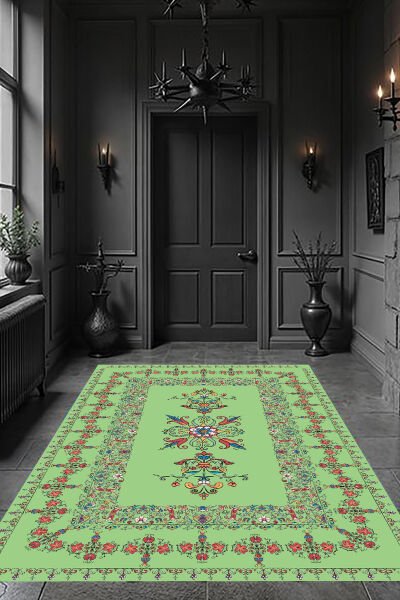 Vintage Çiçek Nakışlı Şık Dijital Baskı Halı