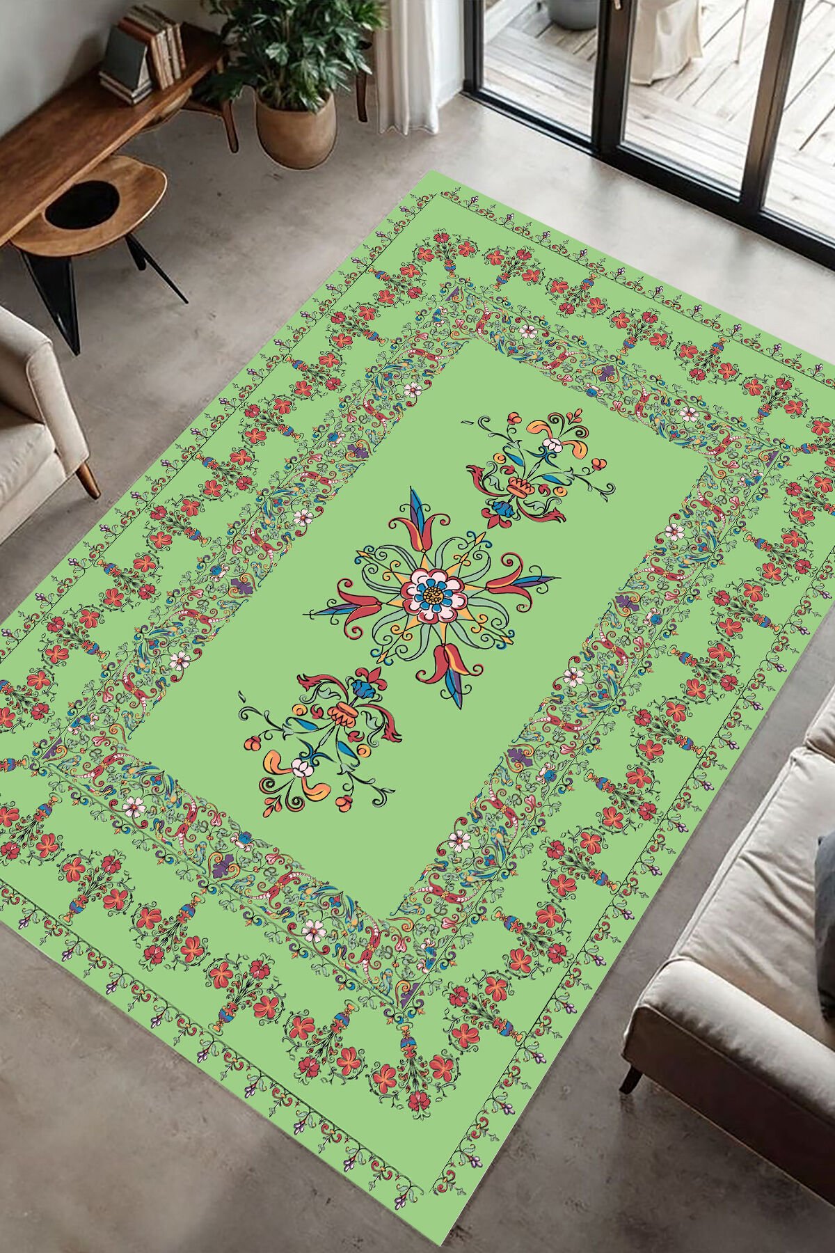 Vintage Çiçek Nakışlı Şık Dijital Baskı Halı