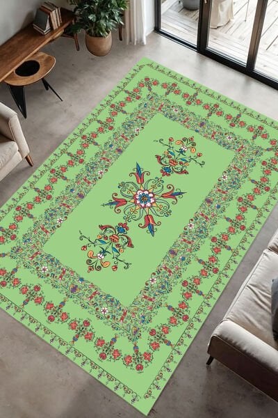 Vintage Çiçek Nakışlı Şık Dijital Baskı Halı