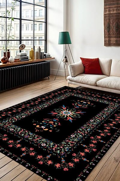 Vintage Çiçek Nakışlı Şık Dijital Baskı Halı
