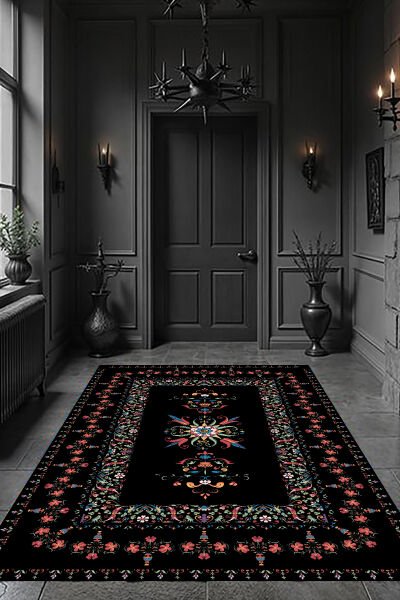 Vintage Çiçek Nakışlı Şık Dijital Baskı Halı