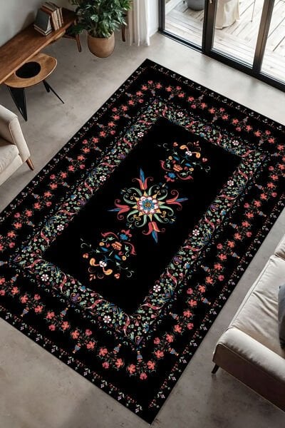 Vintage Çiçek Nakışlı Şık Dijital Baskı Halı