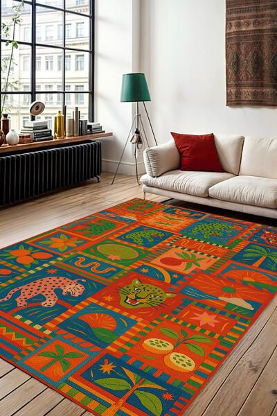 Tropikal Hayvan Desenli Renkli Dijital Baskı Halı