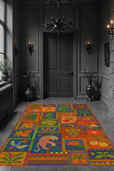 Tropikal Hayvan Desenli Renkli Dijital Baskı Halı