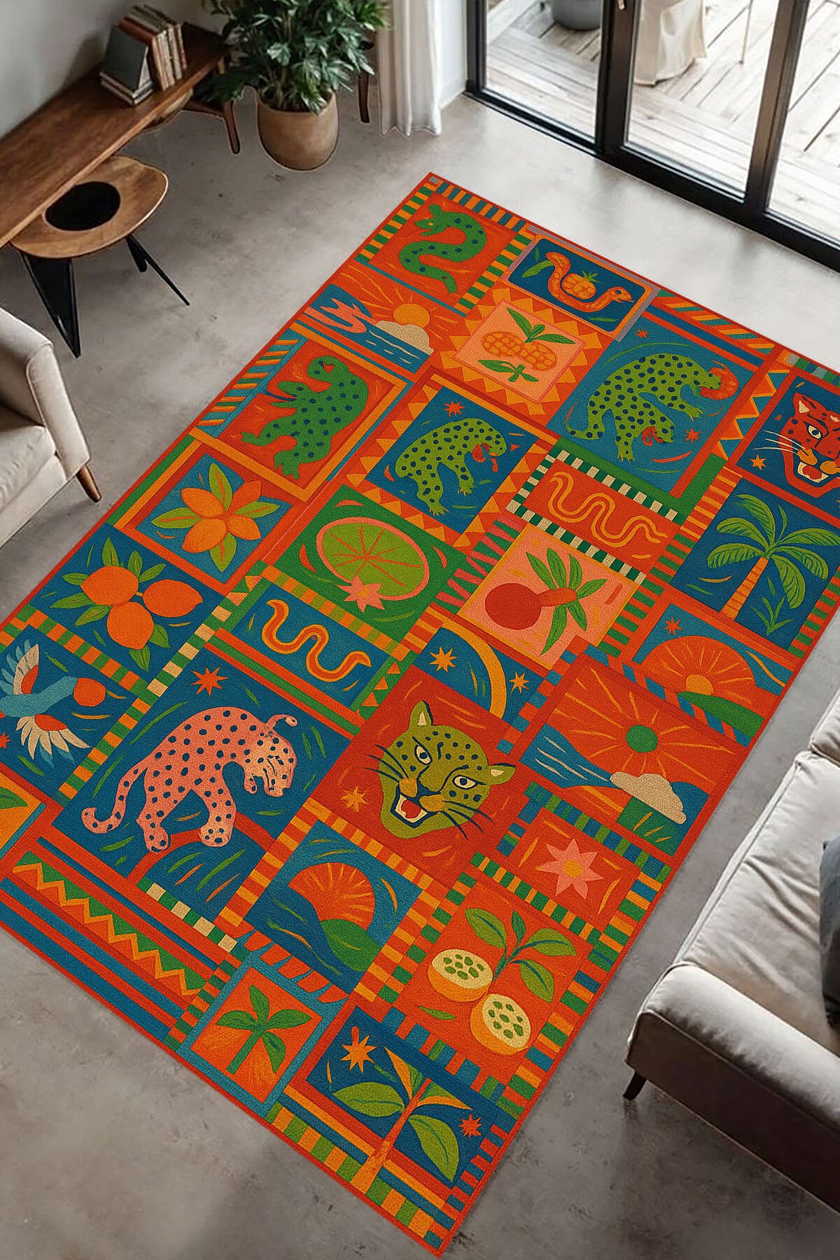 Tropikal Hayvan Desenli Renkli Dijital Baskı Halı