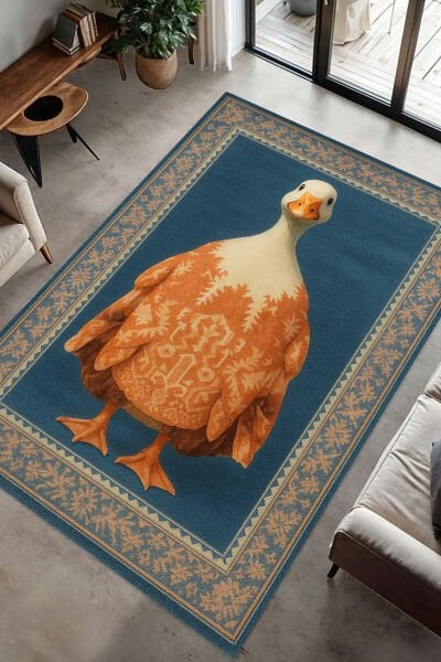 Vintage Kaz Desenli Dekoratif Dijital Baskı Halı