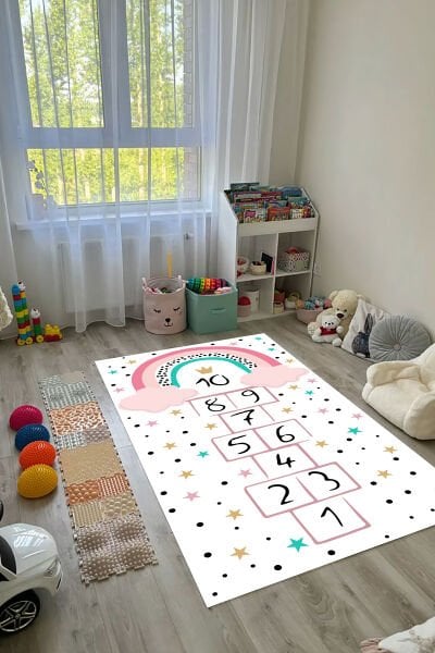 Yıldızlı Gökkuşağı Seksek Çocuk Halısı