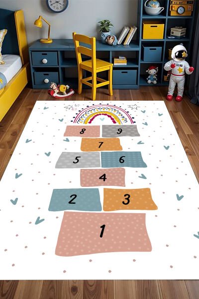 Pastel Gökkuşağı Seksek Çocuk Halısı