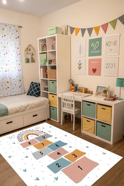 Pastel Gökkuşağı Seksek Çocuk Halısı