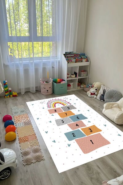 Pastel Gökkuşağı Seksek Çocuk Halısı
