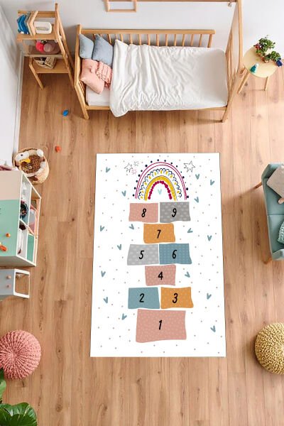 Pastel Gökkuşağı Seksek Çocuk Halısı