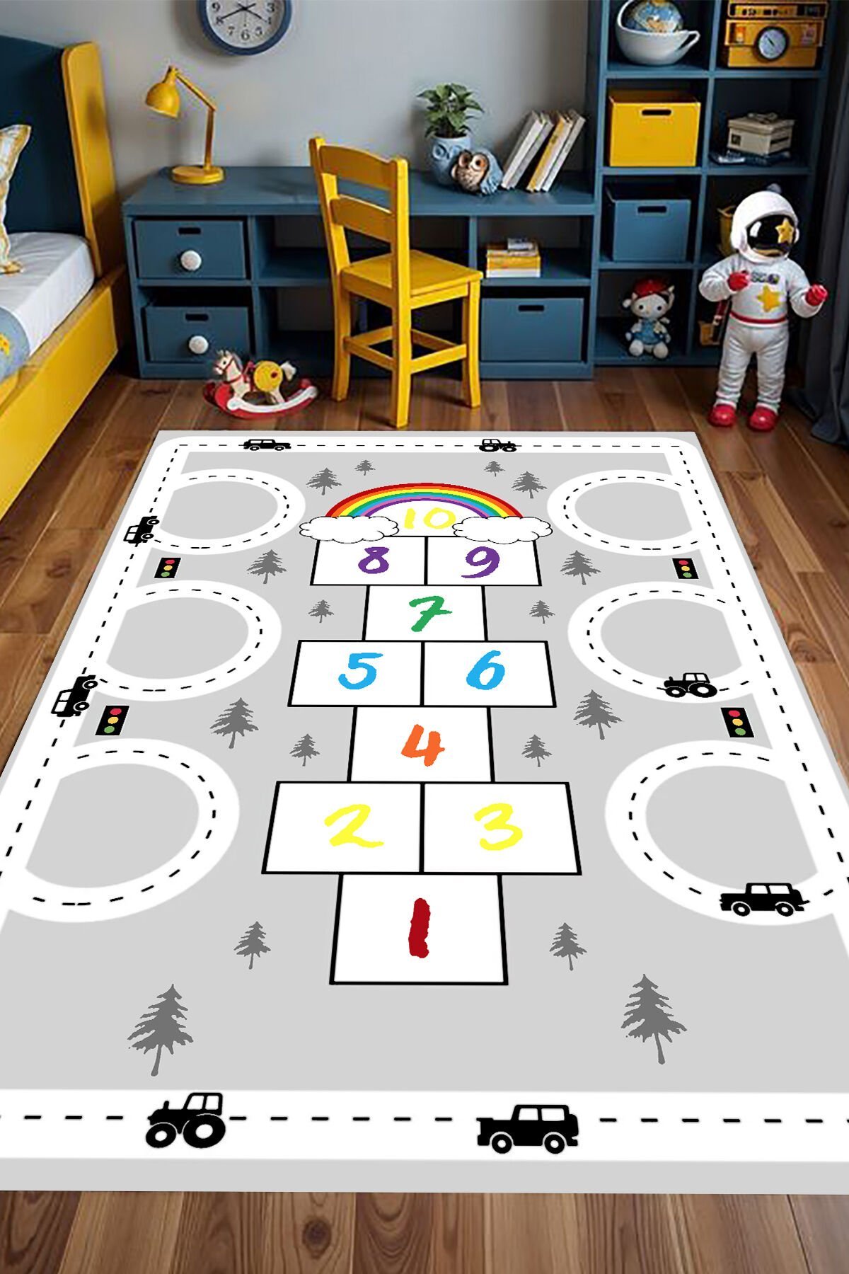 Trafik ve Gökkuşağı Seksek Çocuk Halısı