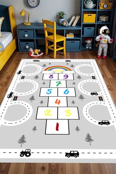 Trafik ve Gökkuşağı Seksek Çocuk Halısı