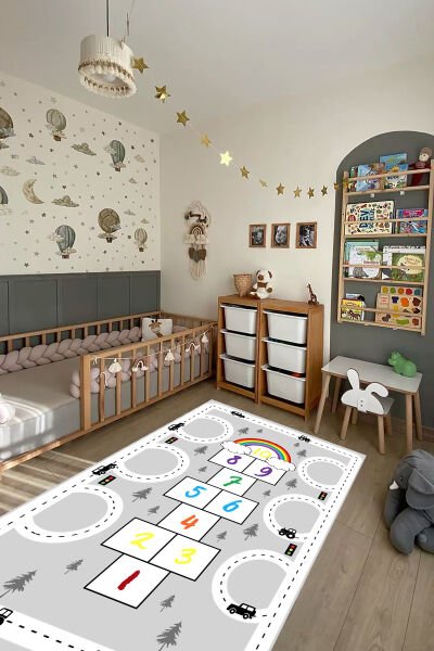 Trafik ve Gökkuşağı Seksek Çocuk Halısı