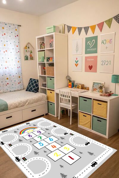 Trafik ve Gökkuşağı Seksek Çocuk Halısı